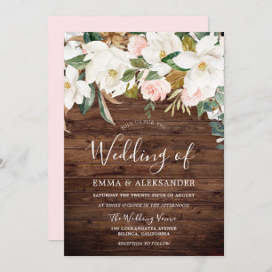 Invitation Bois rustique Moderne Blush & Fleurs Blanches Mari