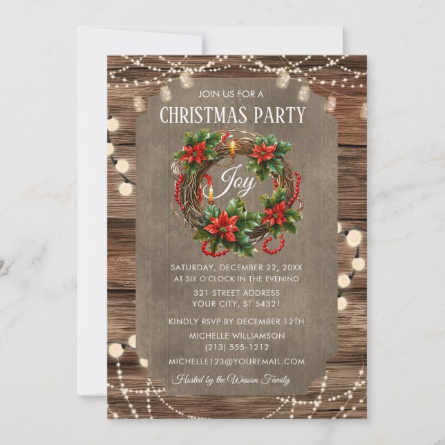 Invitation Bois Rustique Noël Joie wreath Dîner de fête (Devant)