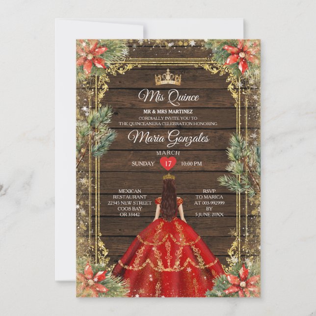 Invitation Bois rustique Noël Rouge Princesse Mis Quince (Devant)
