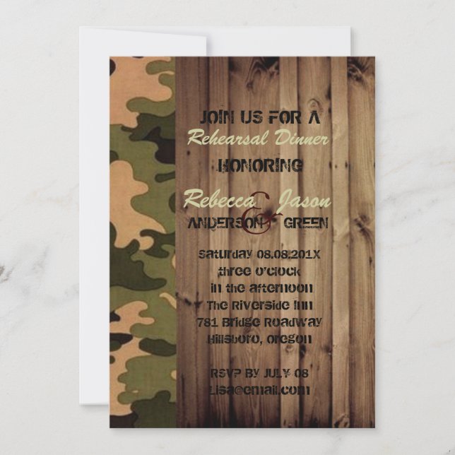 Invitation bois rustique ouest Camo Mariage dîner de répétiti (Devant)