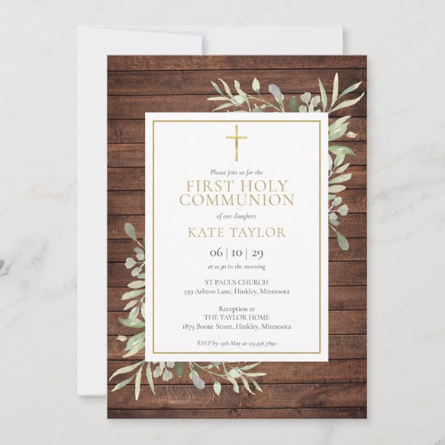 Invitation Bois rustique Pays Verdure Première Communion sain (Devant)