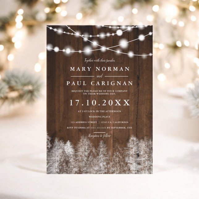 Invitation Bois rustique phares d'hiver mariage de forêt (Rustic wood winter string lights forest wedding invitation)