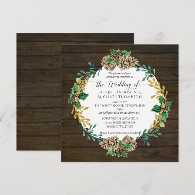 Invitation Bois rustique Pine de Noël Cône vert Mariage (Devant / Derrière)