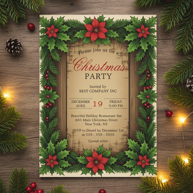 Invitation Bois rustique Poinsettia Holly Wreath Noël (Créateur téléchargé)