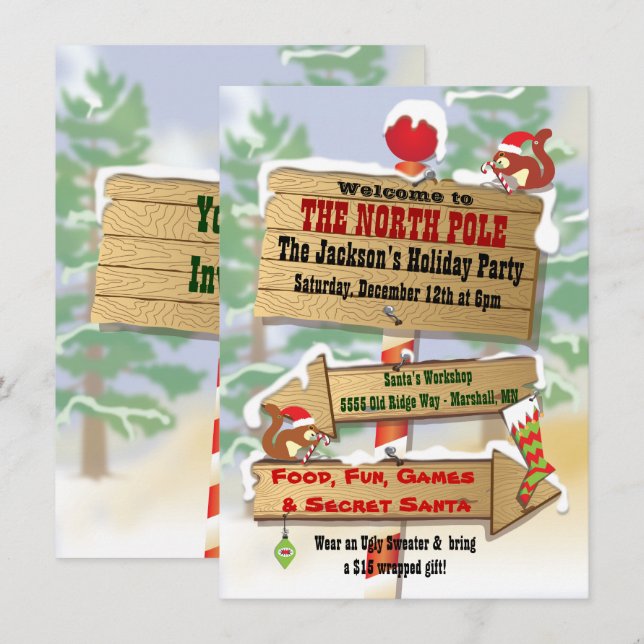 Invitation Bois rustique Pôle Nord Signes Fête (Devant / Derrière)