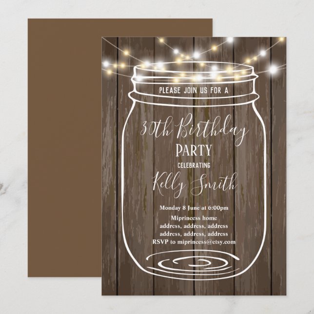 Invitation bois rustique, pot, fête d'anniversaire (Devant / Derrière)