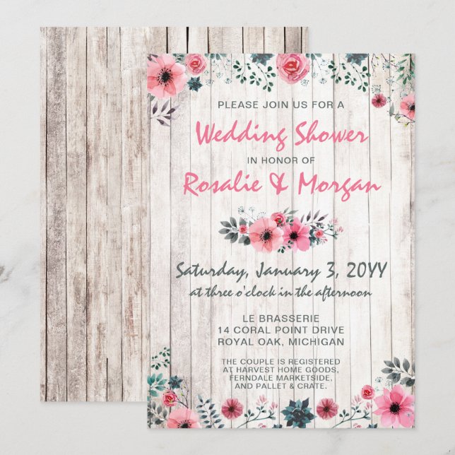 Invitation Bois rustique Rose  douche Mariage campagnard (Devant / Derrière)