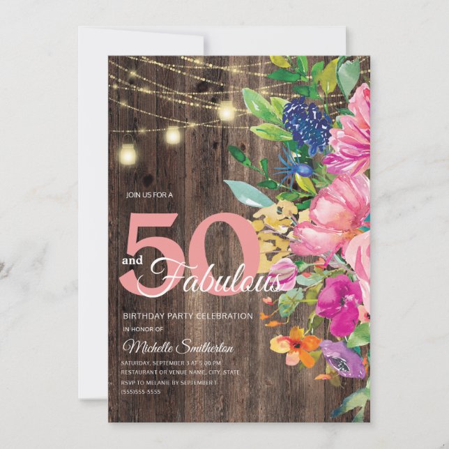 Invitation Bois rustique rose Floral Lumières 50 Fabuleux (Devant)