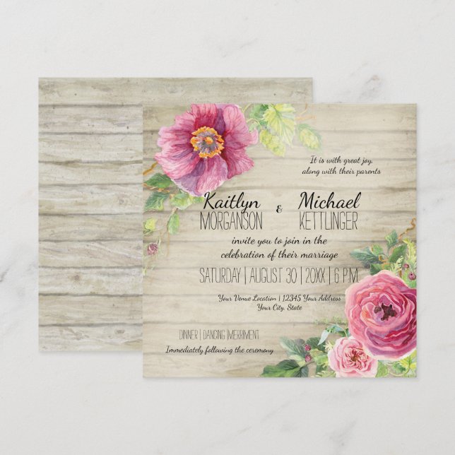 Invitation Bois rustique Rose floral Peony Country Chic (Devant / Derrière)
