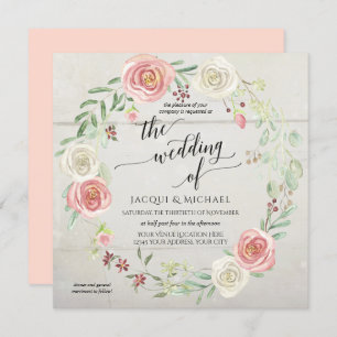 Invitation Bois rustique Rose Foliage Mariage Aquarelle