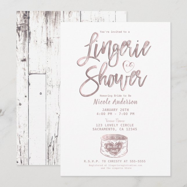 Invitation Bois rustique Rose or rose lingerie Douche (Devant / Derrière)