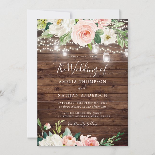 Invitation Bois rustique rose pâle Lumières Florales Mariage (Devant)