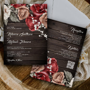 Invitation Bois rustique Roses de Bourgogne Code QR Mariage