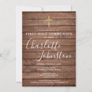 Invitation Bois rustique Signature Script Première communion 