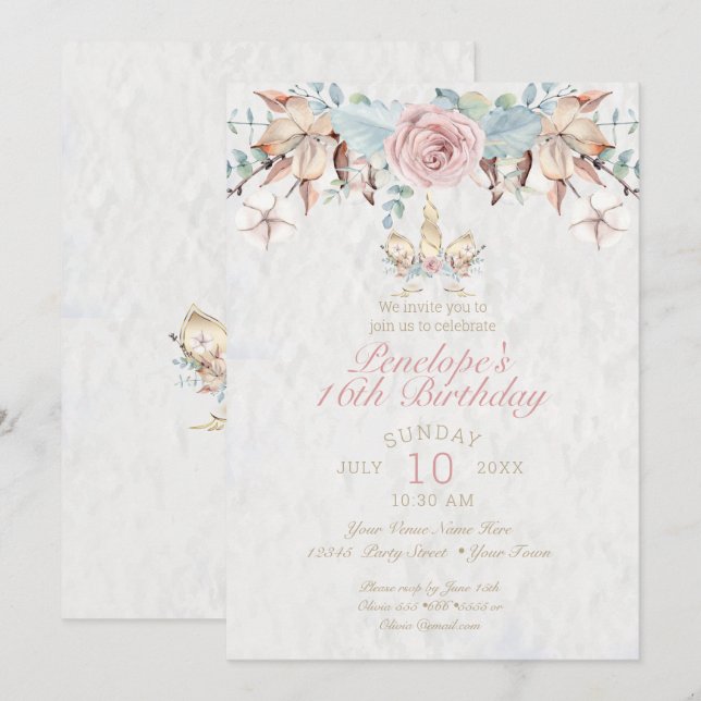 Invitation Bois rustique Unicorne rose rose pâle (Devant / Derrière)