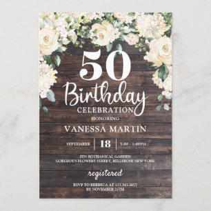 Invitation Bois rustique vert fleuri blanc 50e anniversaire