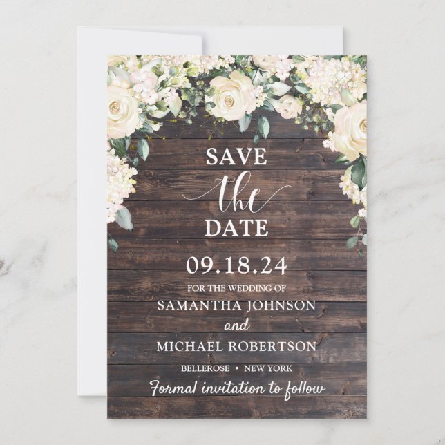 Invitation Bois rustique vert fleuri blanc sauver la date (Devant)
