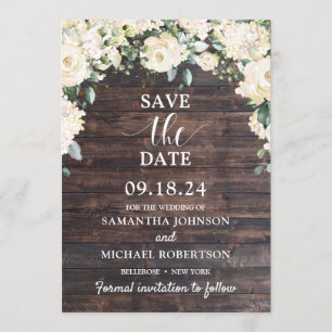Invitation Bois rustique vert fleuri blanc sauver la date
