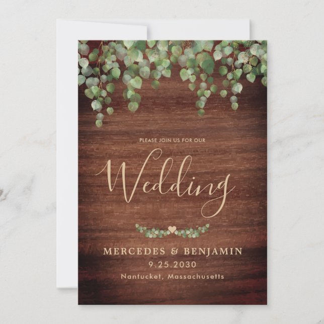 Invitation Bois rustique vert or QR Code Mariage (Devant)