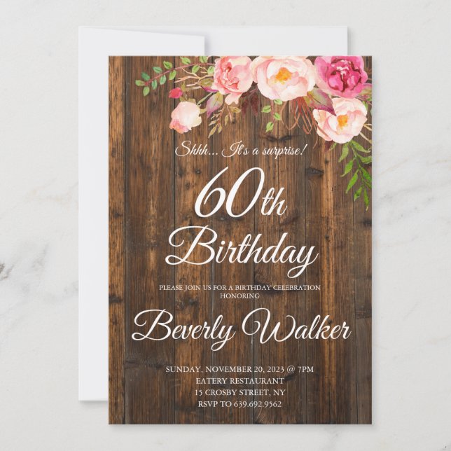 Invitation Bois Surprise 60e anniversaire Rustique Floral (Devant)