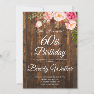 Invitation Bois Surprise 60e anniversaire Rustique Floral