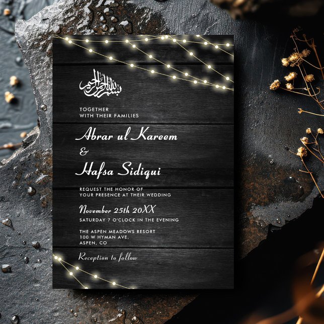 Invitation Bois texturé noir blanc QR Code Mariage musulman (Créateur téléchargé)