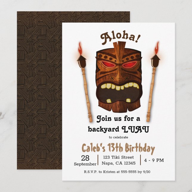 Invitation Bois Tiki Aloha Polynesian Mask Luau Anniversaire (Devant / Derrière)