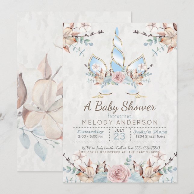 Invitation Bois Unicorne Baby shower bleu (Devant / Derrière)