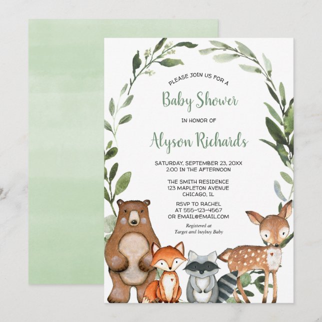 Invitation Bois vert genre neutre animaux mignons bébé (Devant / Derrière)