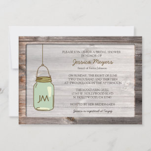 Invitation Bois vieilli avec Fête de l'mariée de Mason Jar