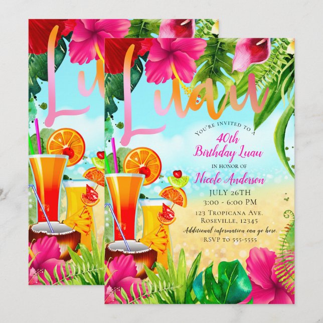 Invitation Boissons et fleurs tropicales Fête d'été (Devant / Derrière)