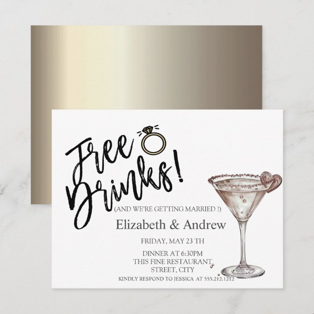 Invitation Boissons Gratuites, Mariage Coeur Verre à Martini (Devant / Derrière)