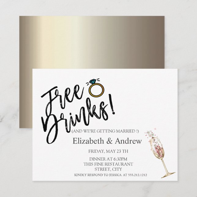Invitation Boissons Gratuites,Verre à Champagne Mariage (Devant / Derrière)
