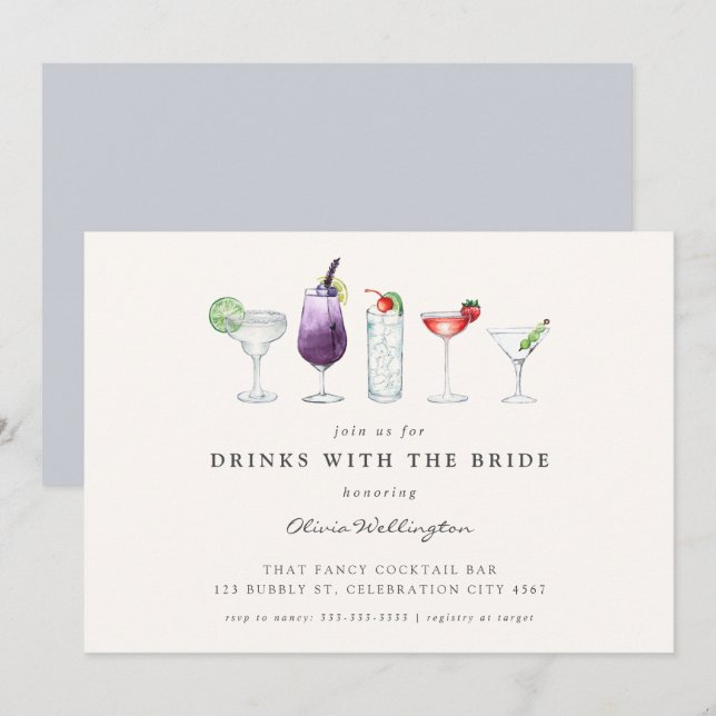 Invitation Boissons modernes avec des cocktails d'aquarelle B (Devant / Derrière)