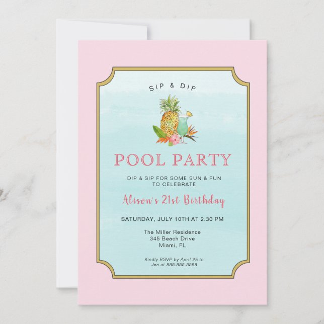 Invitation Boissons tropicales Piscine fête Anniversaire (Devant)