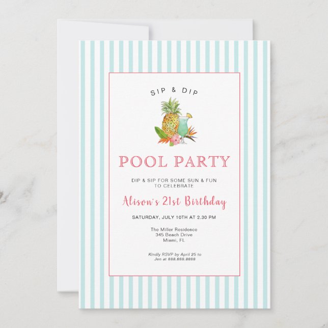 Invitation Boissons tropicales Piscine party Anniversaire Inv (Devant)