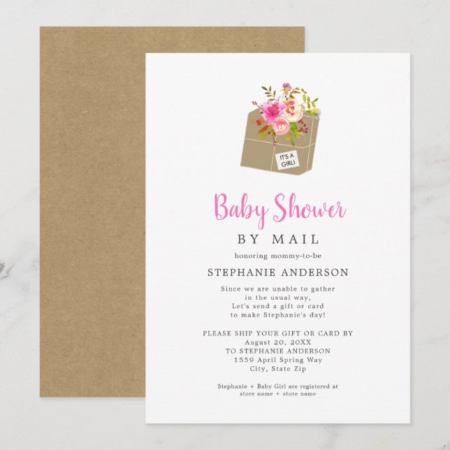 Invitation Boite d'expédition rose Floral Baby shower fille p (Devant / Derrière)