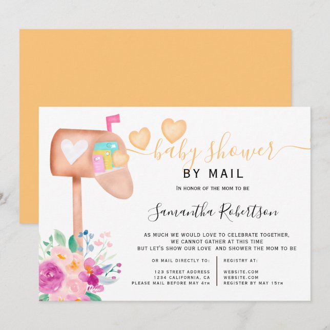 Invitation Boîte postale baby shower d'aquarelle florale par  (Devant / Derrière)