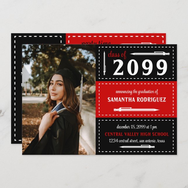 Invitation Boîtes et crayons à pointes rouge et noir (Devant / Derrière)