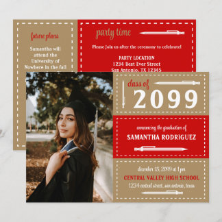 Invitation Boîtes et crayons à pointes rouge et or Graduation
