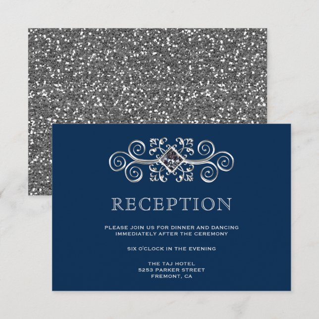 Invitation Boîtier de réception en argent bleu marine (Devant / Derrière)