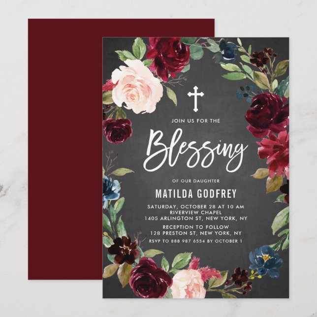 Invitation Boîtier rustique Bourgogne Floral Wreath Blessing (Devant / Derrière)