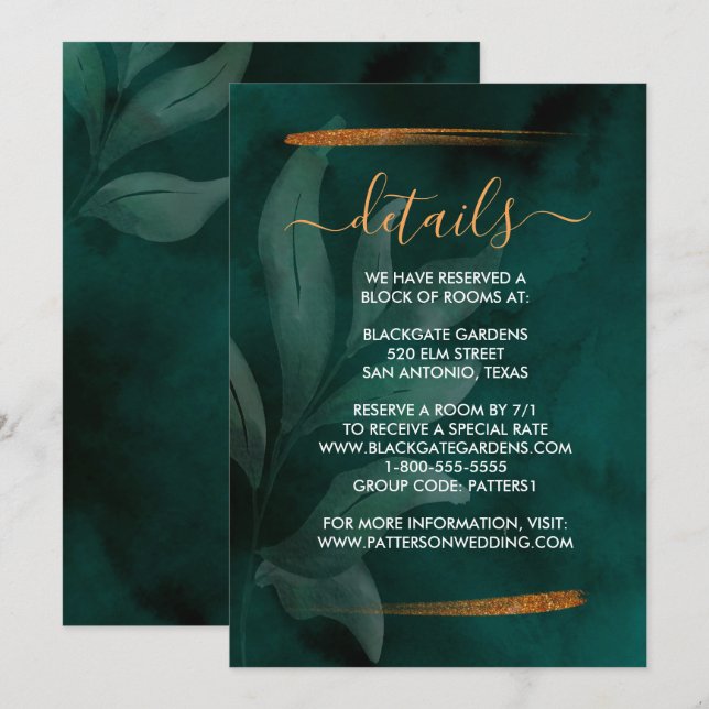 Invitation boîtier vert émeraude et feuille moderne (Devant / Derrière)