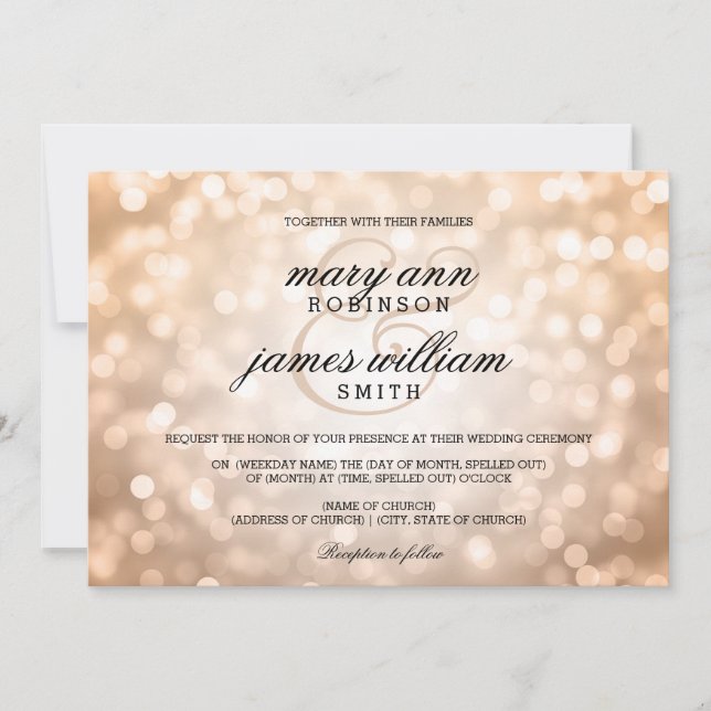 Invitation Bokeh de cuivre allume le mariage élégant (Devant)