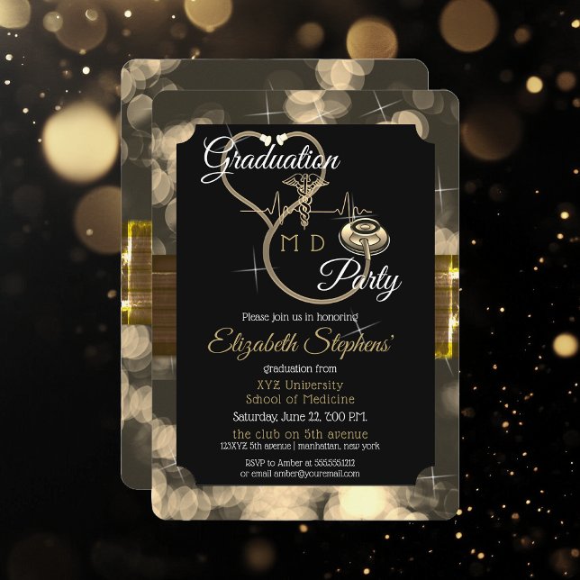 Invitation Bokeh Doctor Stethoscope EKG Graduation Party (Bokeh Doctor "MD" Stethoscope EKG Graduation Party Invitation - Print and/or Digital Download)