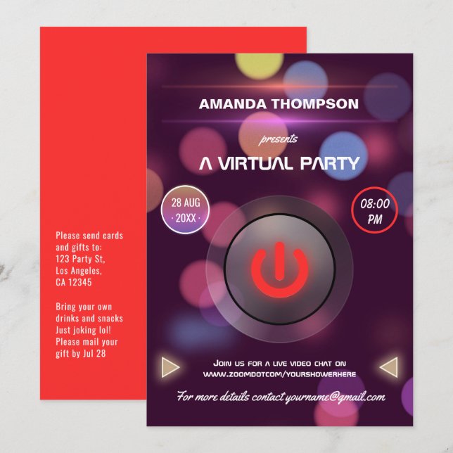 Invitation Bokeh fête d'anniversaire virtuelle (Devant / Derrière)