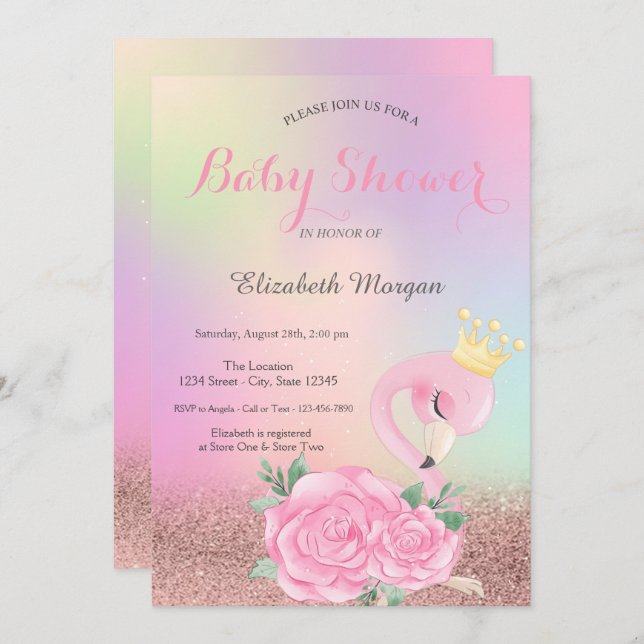 Invitation Bokeh, Flamant rose rose bébé Baby shower holograp (Devant / Derrière)
