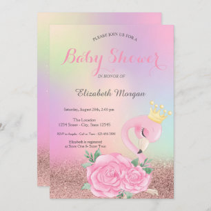 Invitation Bokeh, Flamant rose rose bébé Baby shower holograp
