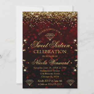 Invitation Bokeh Rouge Foncé & Paillettes Dorées Sweet 16