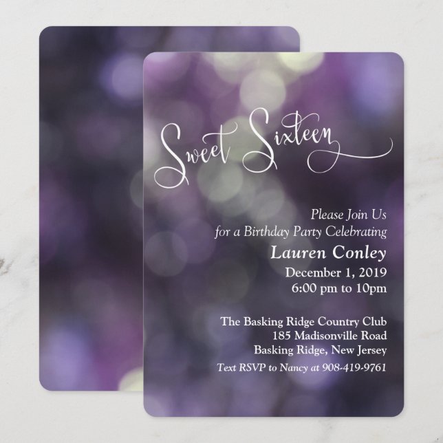 Invitation Bokeh Sweet sixteen clair violet 3 (Devant / Derrière)